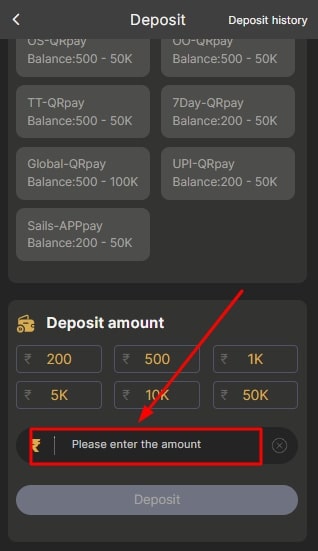 type the deposit amount